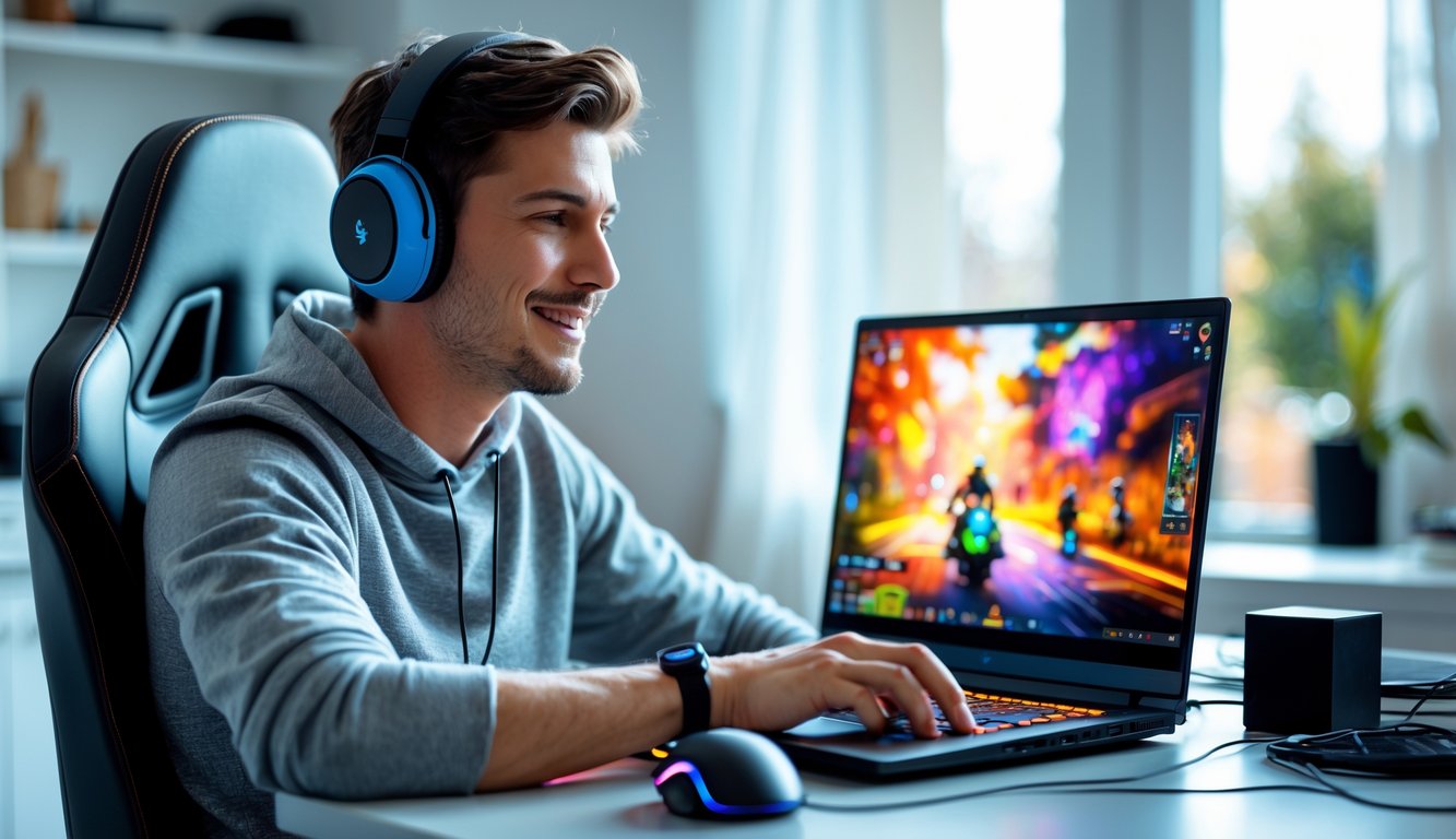 Seorang pria muda duduk di meja modern sambil bermain game online di laptop dengan ekspresi percaya diri dan senang.