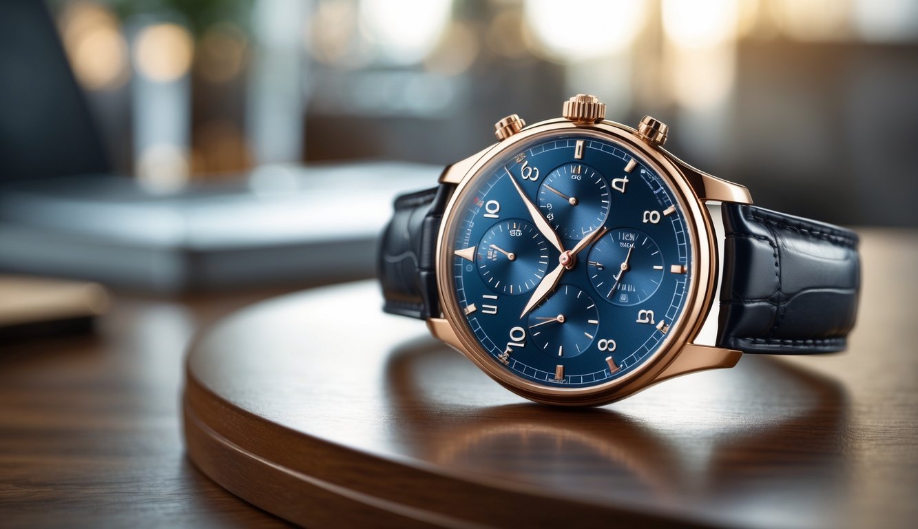 Jam tangan mewah IWC Schaffhausen diletakkan di atas permukaan kayu yang halus dengan latar belakang kantor yang kabur.