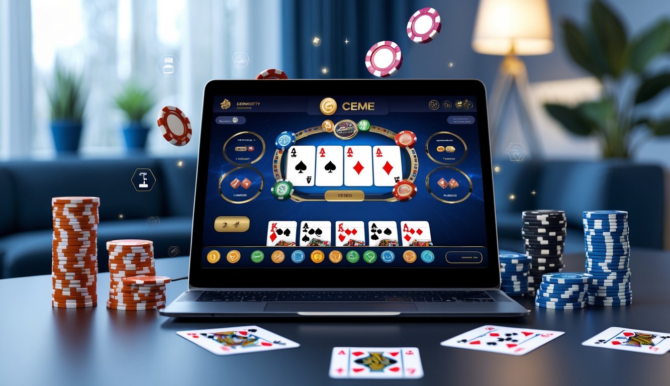 Seseorang bermain permainan kartu Ceme online menggunakan laptop di lingkungan yang nyaman dan modern.