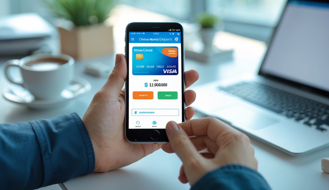 Seorang tangan memegang ponsel yang menampilkan aplikasi pembayaran digital dengan latar belakang meja kerja yang rapi.