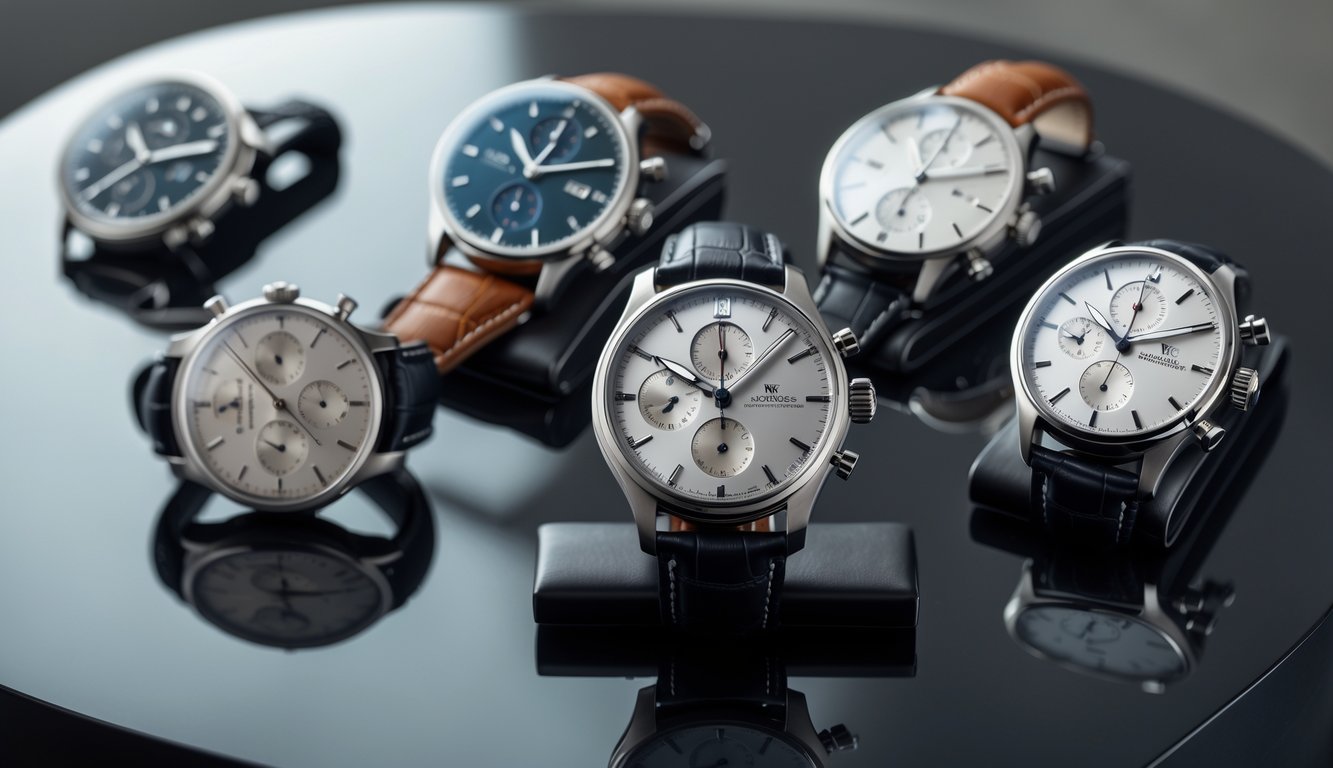 Beberapa jam tangan mewah IWC Schaffhausen dipajang di permukaan hitam mengkilap dengan latar belakang sederhana.