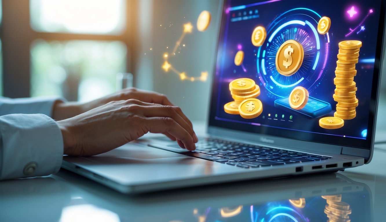 Seseorang menggunakan komputer dengan grafis digital berwarna cerah yang menunjukkan hadiah besar dalam permainan online.