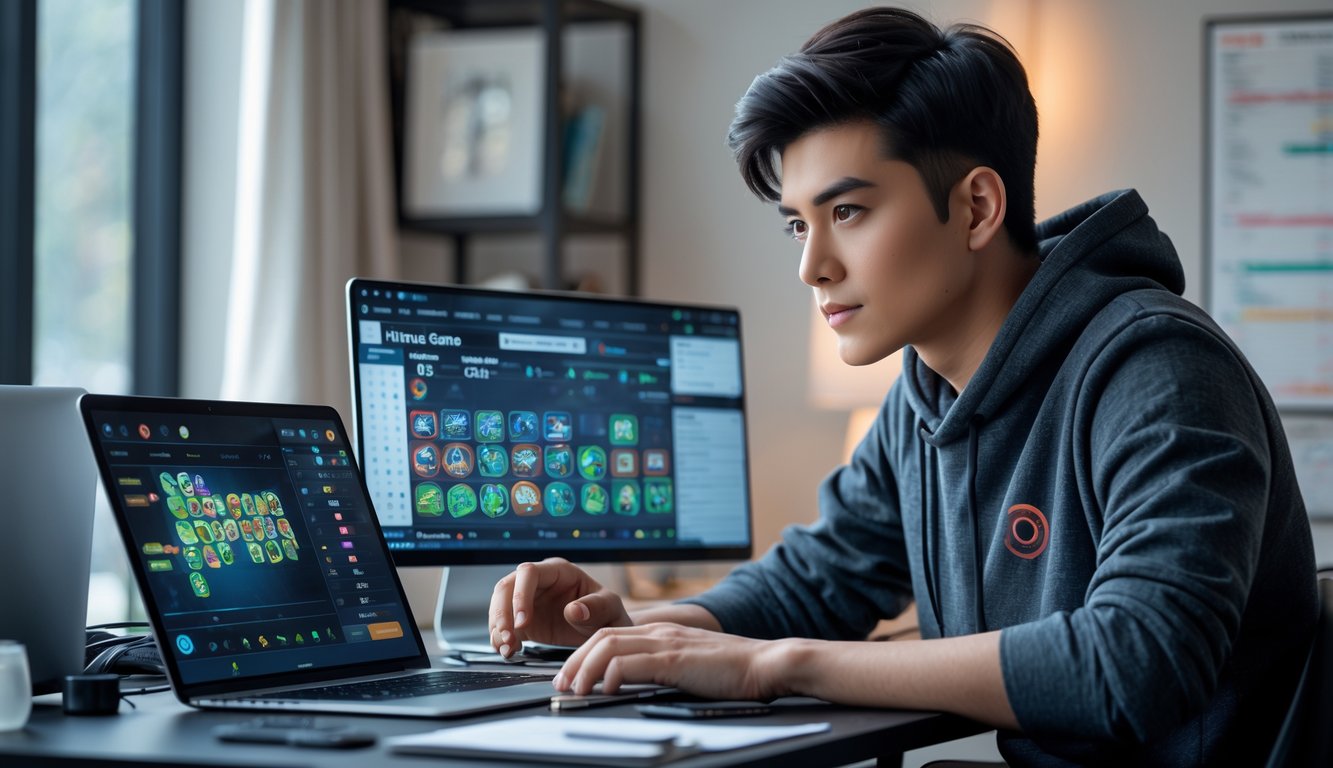 Seseorang duduk di meja kerja dengan laptop dan ponsel yang menampilkan permainan kartu online, fokus menganalisis strategi bermain.