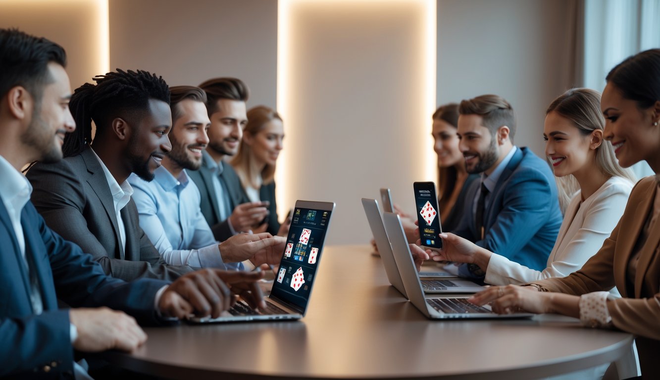 Sekelompok orang bermain permainan kartu online di meja dengan laptop dan ponsel di ruangan modern.