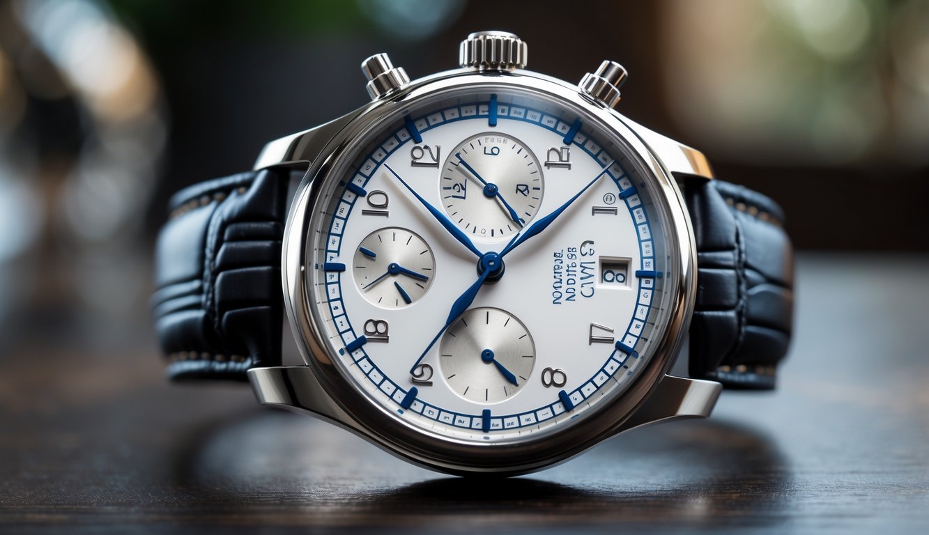 Jam tangan IWC Portugieser Automatic dengan dial putih dan tali kulit, diletakkan di atas permukaan kayu gelap.