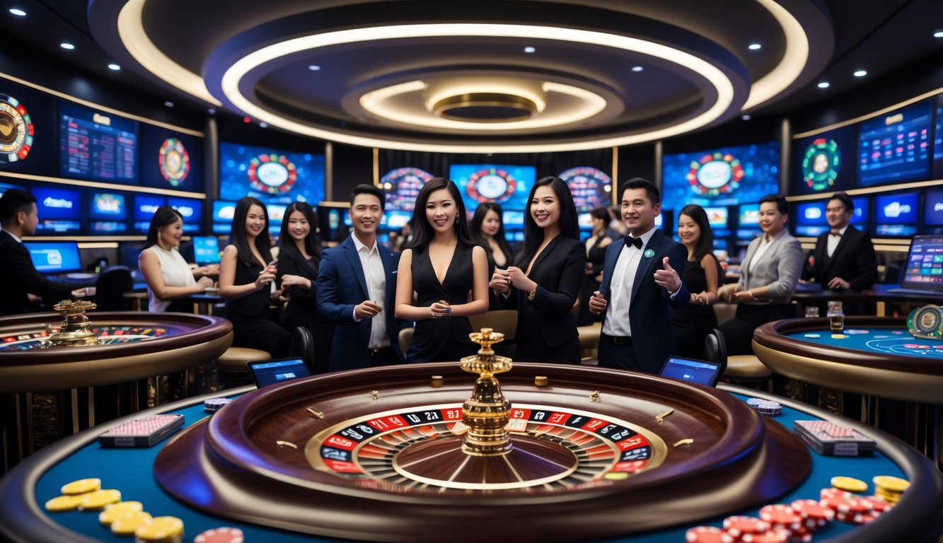 Studio kasino online dengan dealer dan pemain yang sedang bermain di meja permainan kasino.