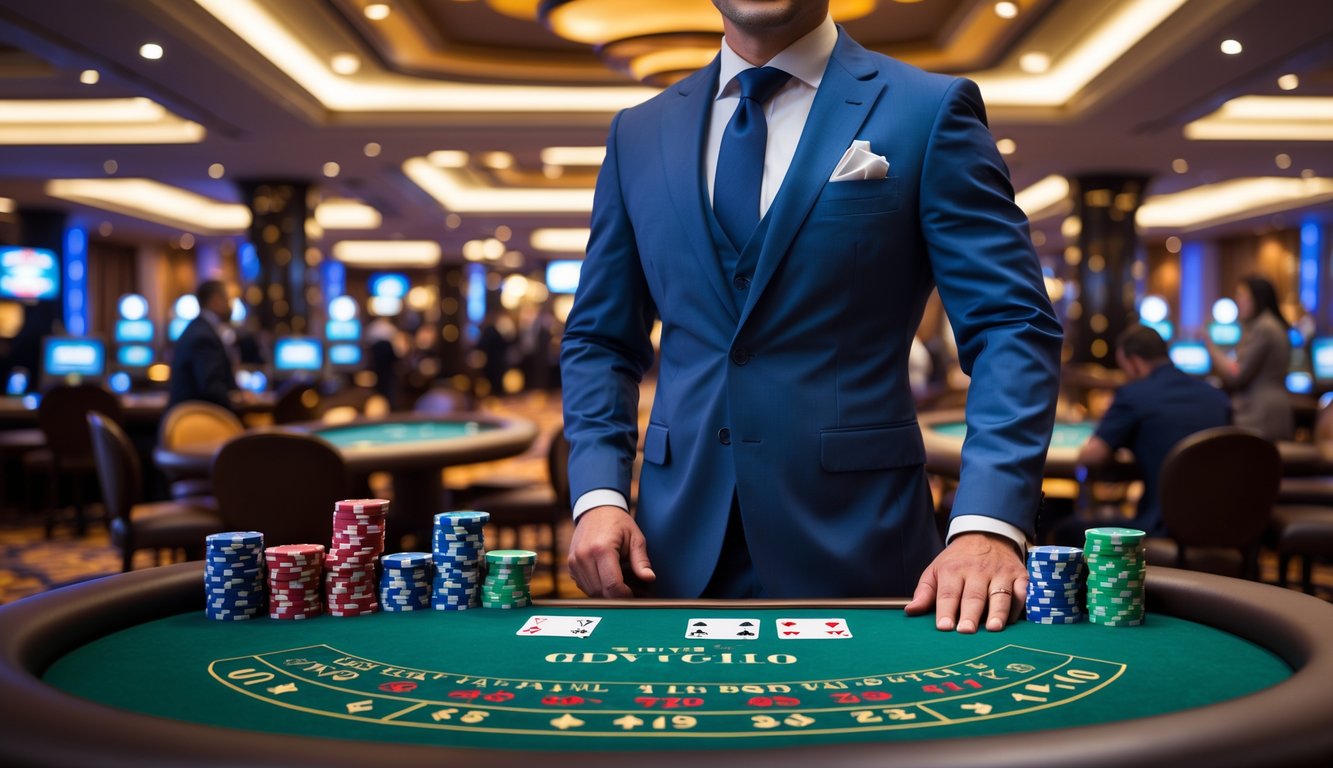 Seorang dealer berdiri di belakang meja permainan kasino dengan pemain yang sedang bermain di latar belakang.