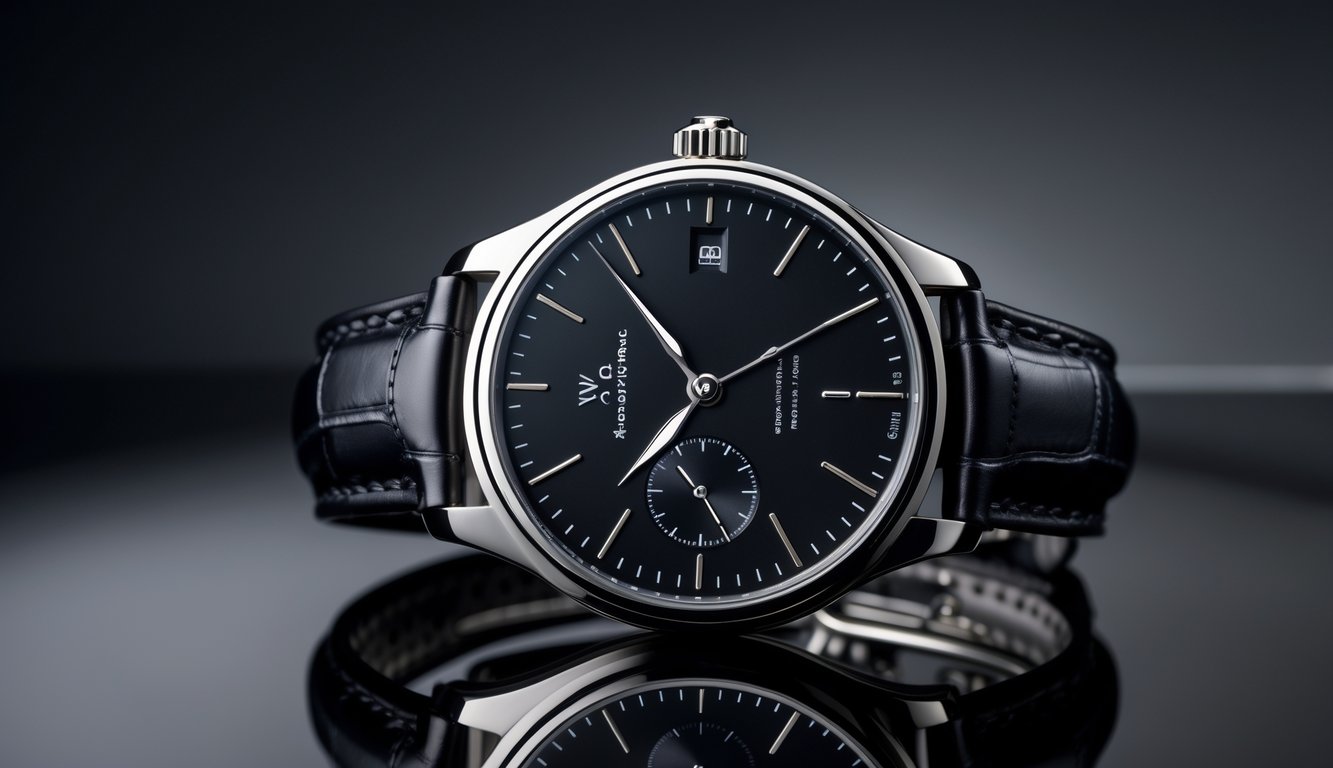 Sebuah jam tangan mewah dengan tali kulit hitam dan wajah jam berwarna hitam, diletakkan di atas permukaan hitam yang reflektif.