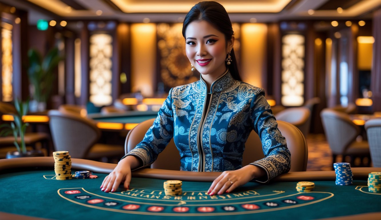 Seorang dealer wanita mengenakan pakaian batik duduk di meja kasino dengan kartu dan chip, latar belakang interior kasino yang mewah dengan dekorasi kayu dan elemen budaya Indonesia.