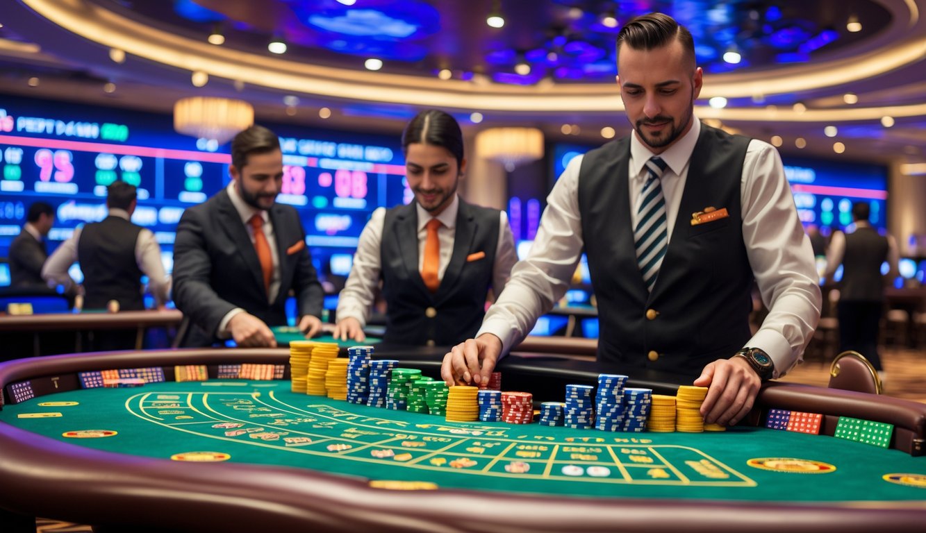 Suasana kasino langsung dengan meja permainan dan pemain yang sedang bermain, dealer mengenakan pakaian formal, dan layar digital di latar belakang.