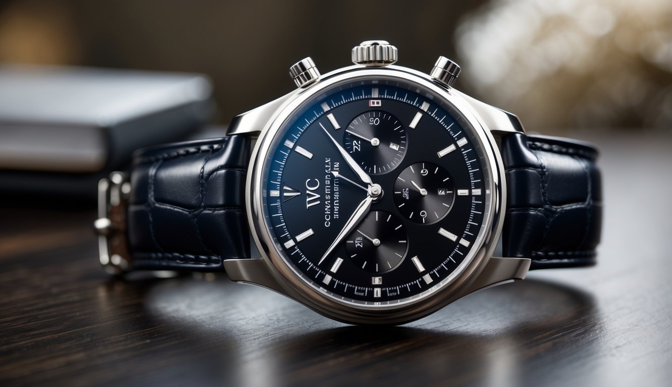 Jam tangan mewah IWC Schaffhausen diletakkan di atas permukaan kayu gelap.