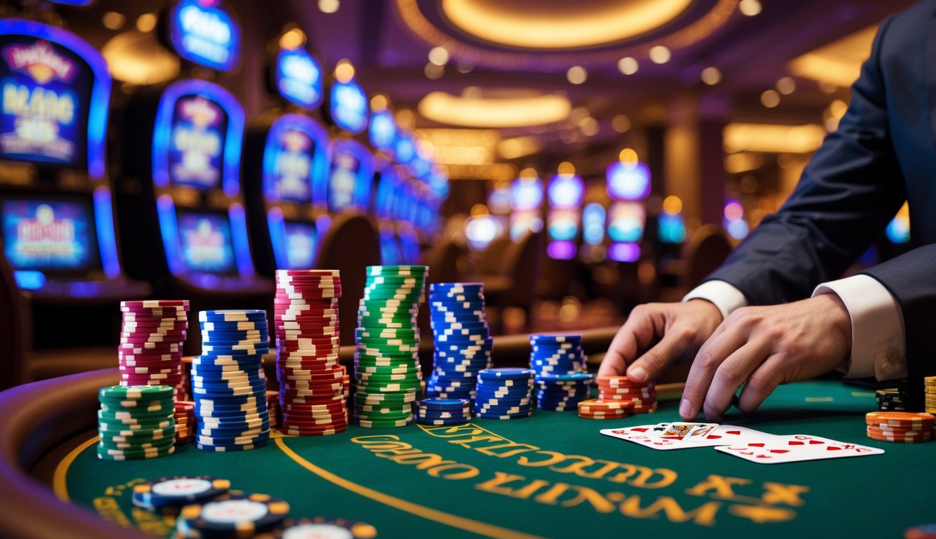 Suasana kasino langsung dengan meja hijau, tumpukan chip poker berwarna-warni, dan dealer yang membagikan kartu.