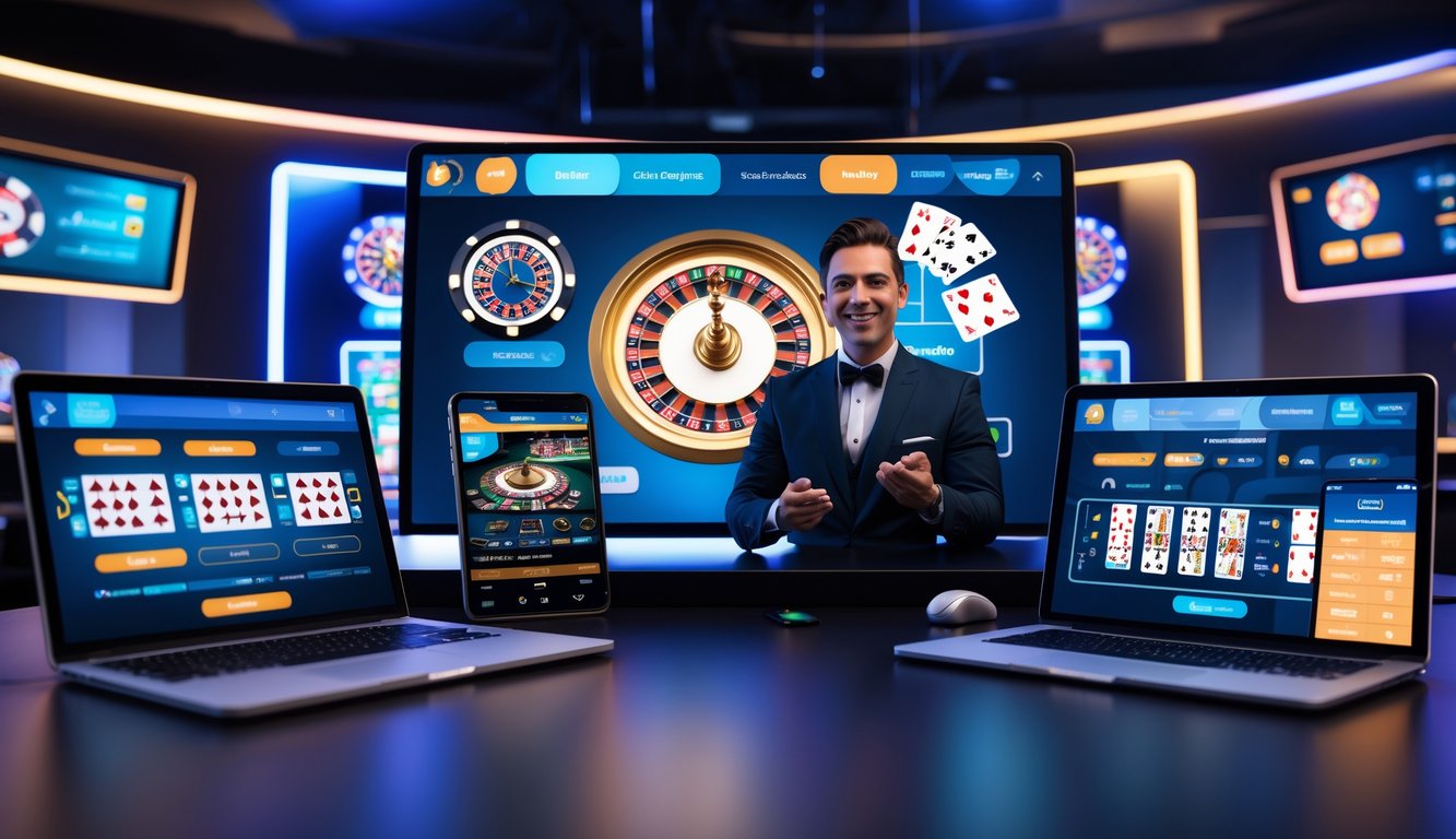 Seorang dealer kasino langsung sedang berinteraksi dengan pemain melalui layar di studio kasino modern yang terang dan penuh perangkat digital.