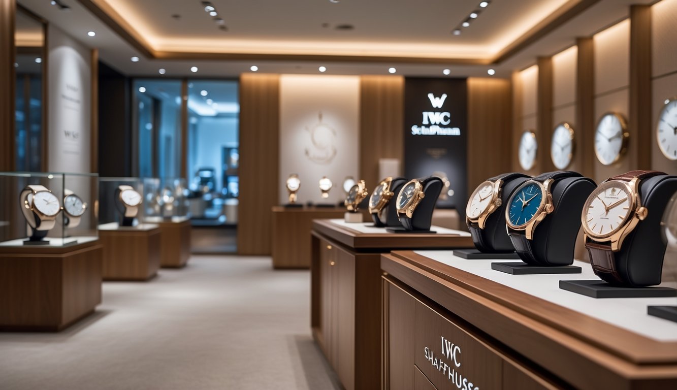 Interior toko jam tangan mewah dengan berbagai jam IWC Schaffhausen yang dipajang di etalase kayu dalam suasana yang elegan dan modern.
