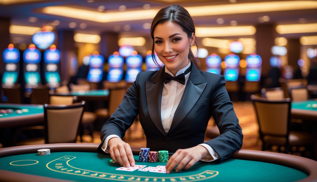 Seorang dealer wanita cantik sedang membagikan kartu di meja kasino langsung dengan latar belakang suasana kasino yang mewah.