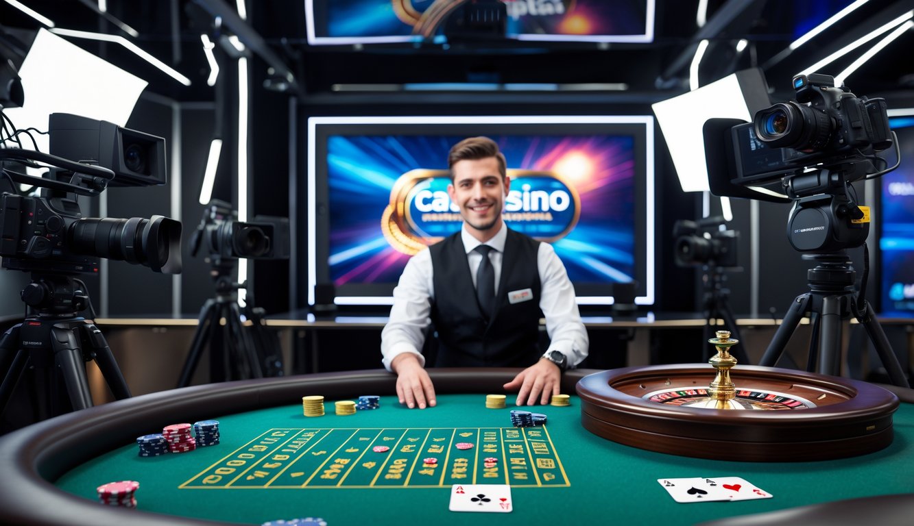 Seorang dealer kasino profesional berdiri di meja kasino dengan chip dan kartu, dikelilingi oleh kamera dan lampu studio.