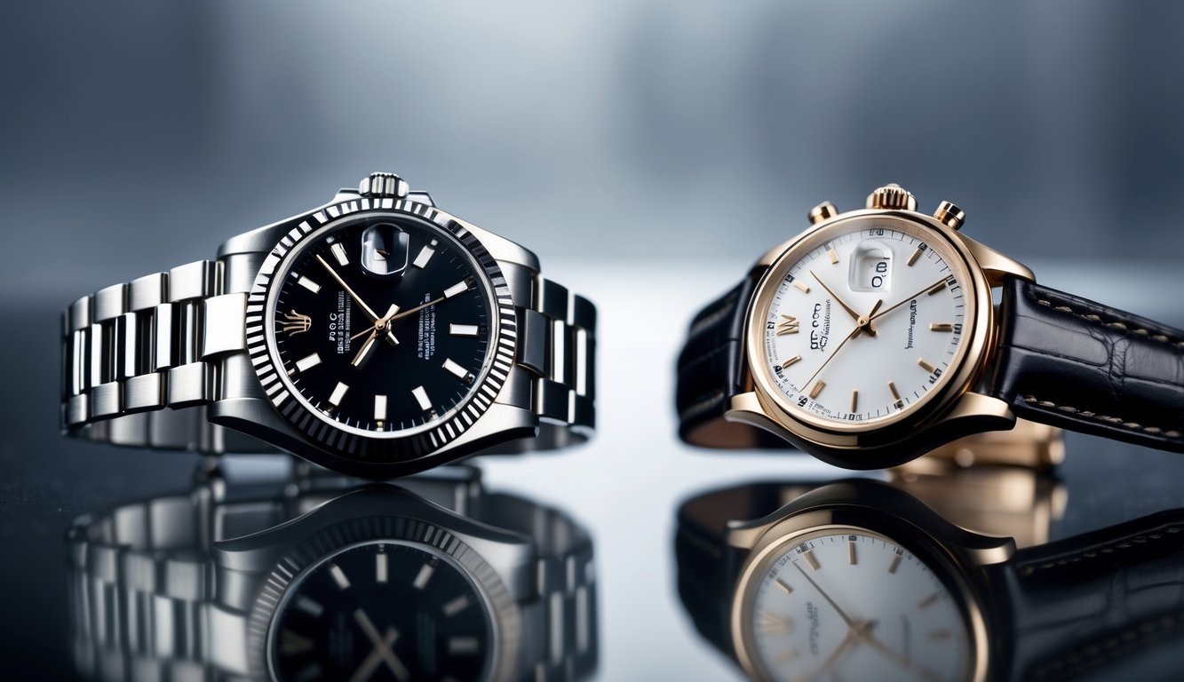 Dua jam tangan mewah, satu Rolex dan satu IWC Schaffhausen, diletakkan berdampingan di atas permukaan hitam reflektif.