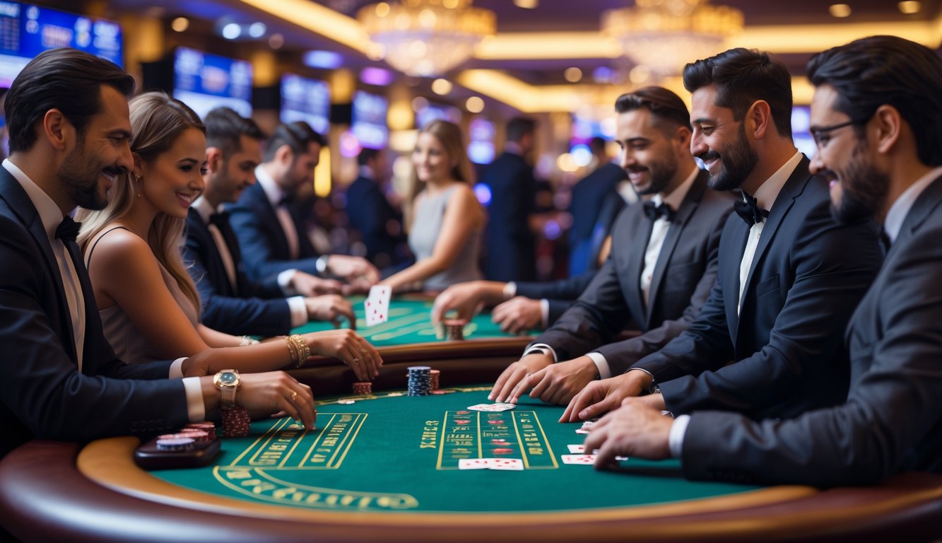 Suasana kasino langsung dengan pemain dan dealer profesional di meja permainan.