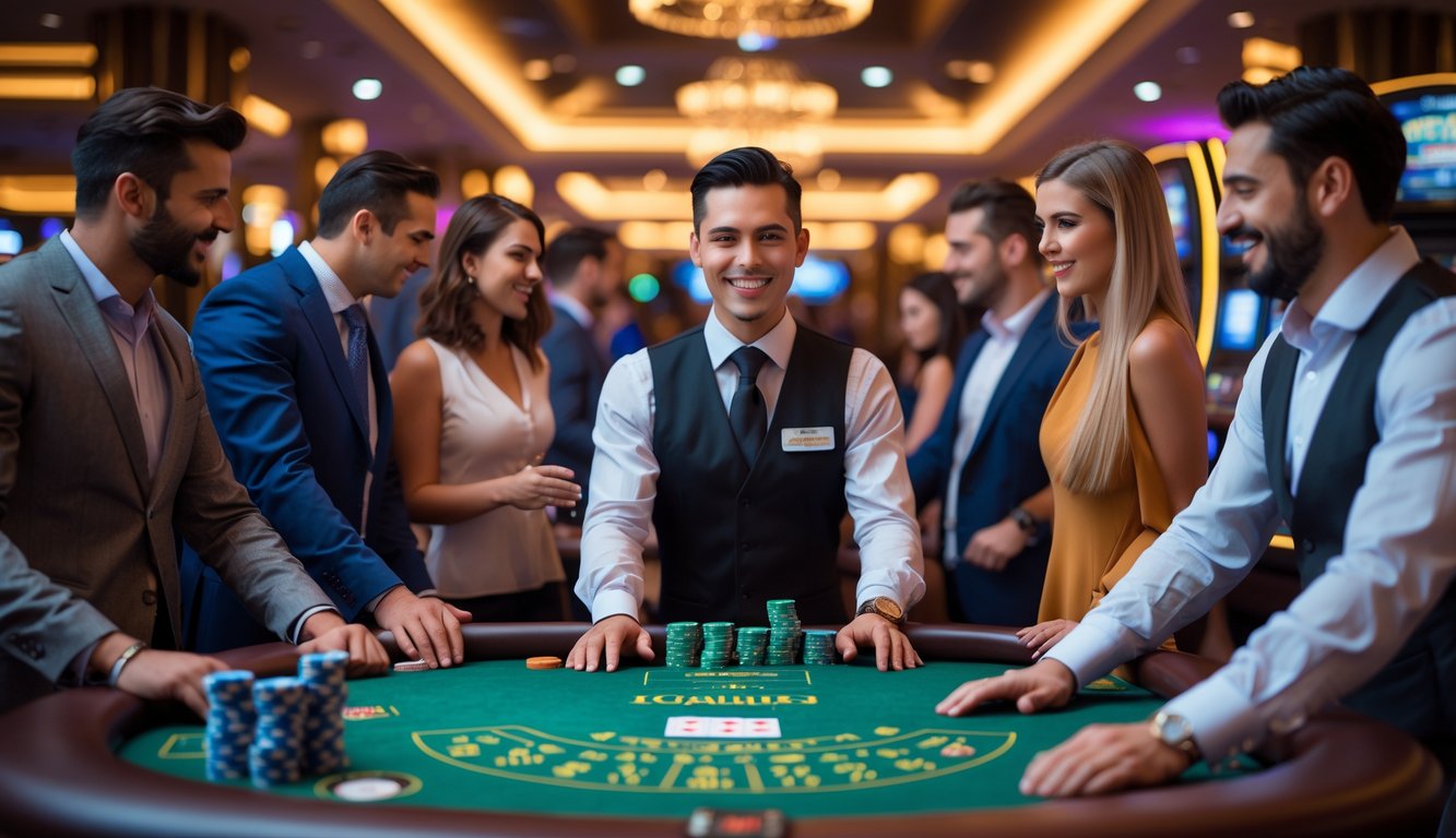 Seorang dealer tersenyum di meja blackjack dengan pemain yang fokus dan suasana kasino yang ramai.