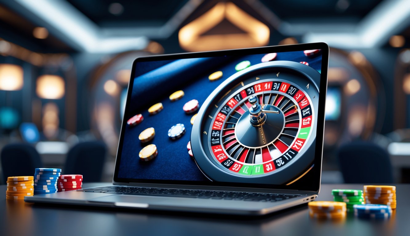 Tampilan komputer dengan permainan roulette online yang sedang berjalan, menampilkan roda roulette berputar dan chip warna-warni di layar.