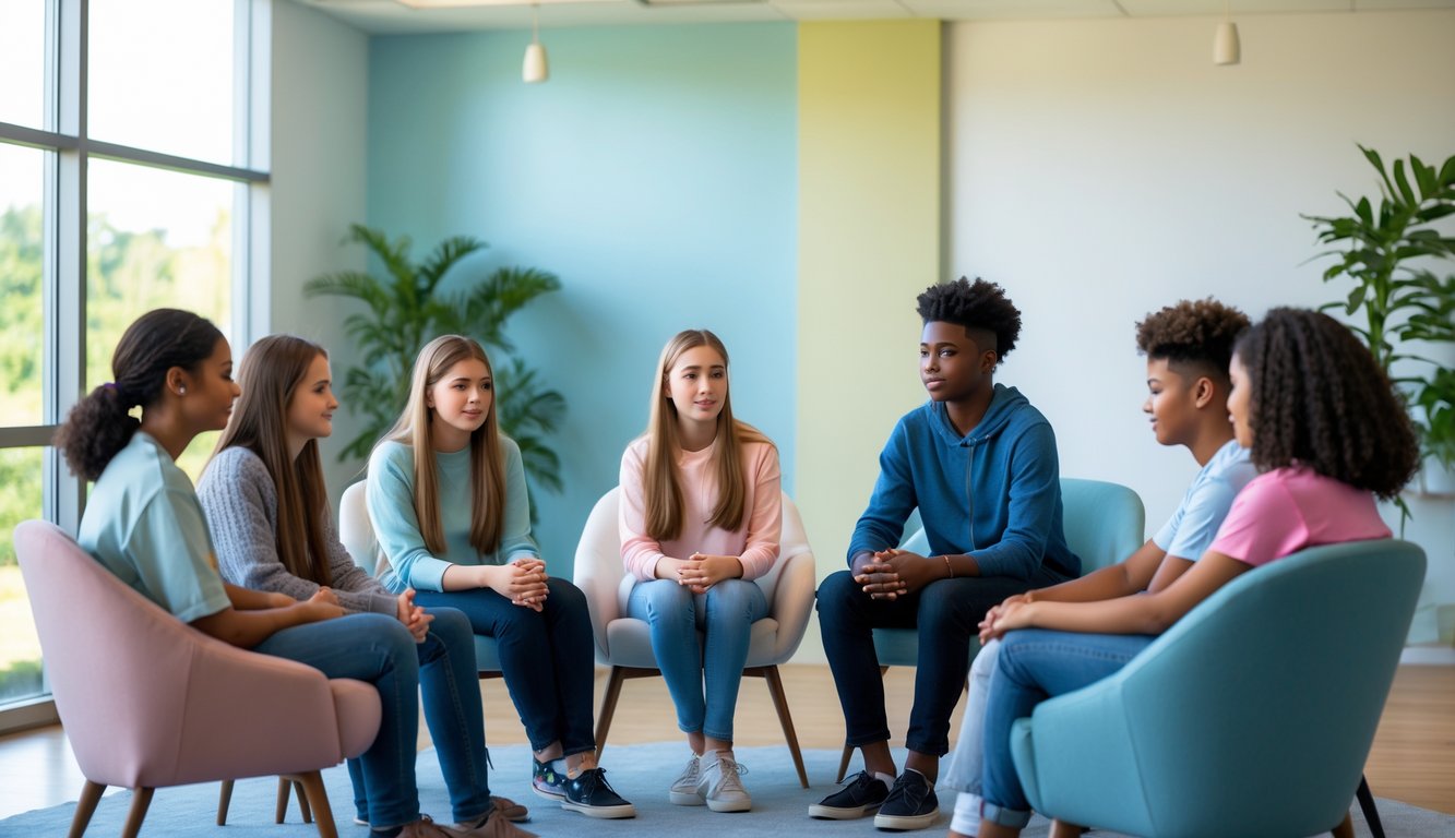 Sekelompok remaja sedang duduk bersama dalam sesi konseling kelompok, saling mendukung dan berbicara dengan seorang konselor di ruangan yang terang dan nyaman.