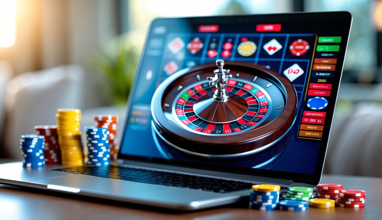 Sebuah laptop menampilkan roda roulette digital dengan tumpukan chip di sampingnya di meja kerja yang rapi.
