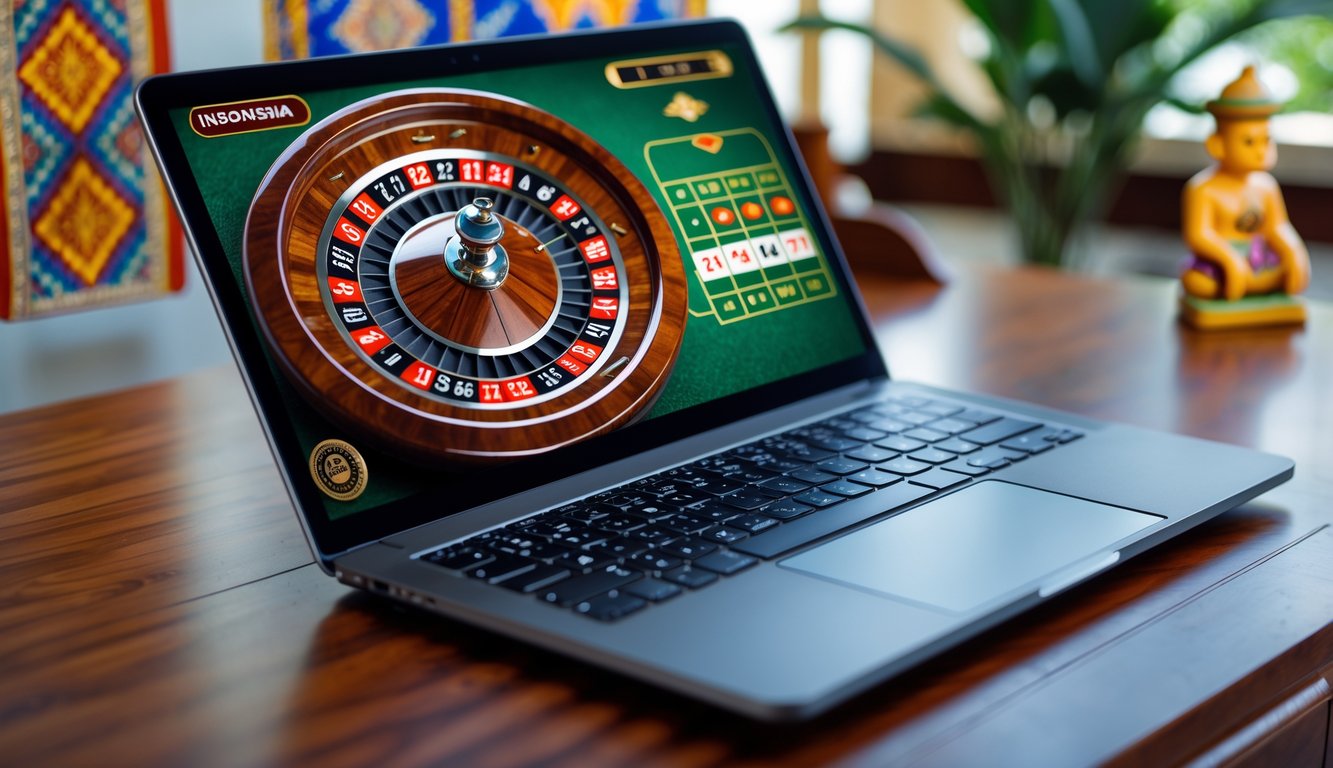 Layar laptop menampilkan roda roulette digital dengan latar belakang elemen budaya Indonesia seperti pola batik dan ornamen wayang.