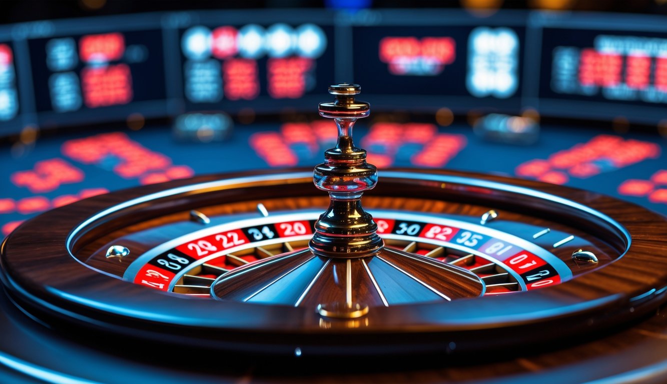 Meja roulette online dengan roda roulette berputar dan tampilan digital taruhan di latar depan.
