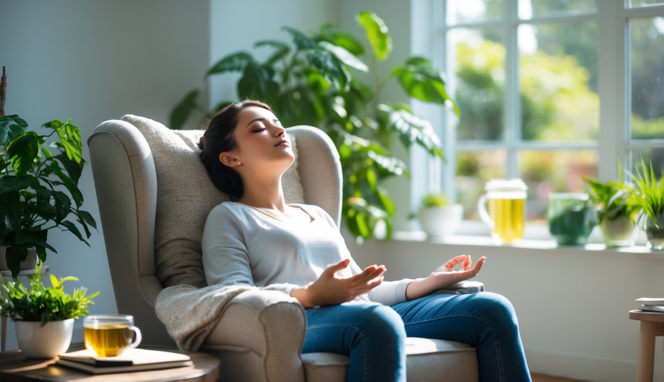 Seseorang duduk santai di kursi di dalam ruangan terang dengan tanaman hijau dan secangkir teh di meja, menunjukkan suasana tenang dan perawatan kesehatan mental.