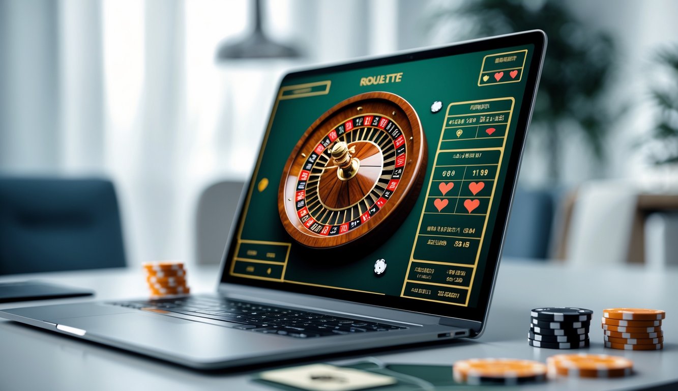 Sebuah komputer menampilkan permainan roulette online dengan roda roulette berputar dan chip digital di sekitarnya.