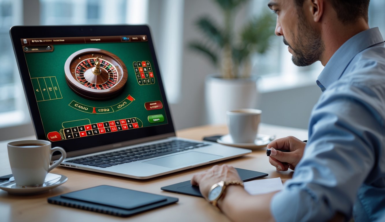 Seseorang sedang fokus menggunakan komputer dengan permainan roulette online di layar, di meja terdapat kopi dan alat tulis.