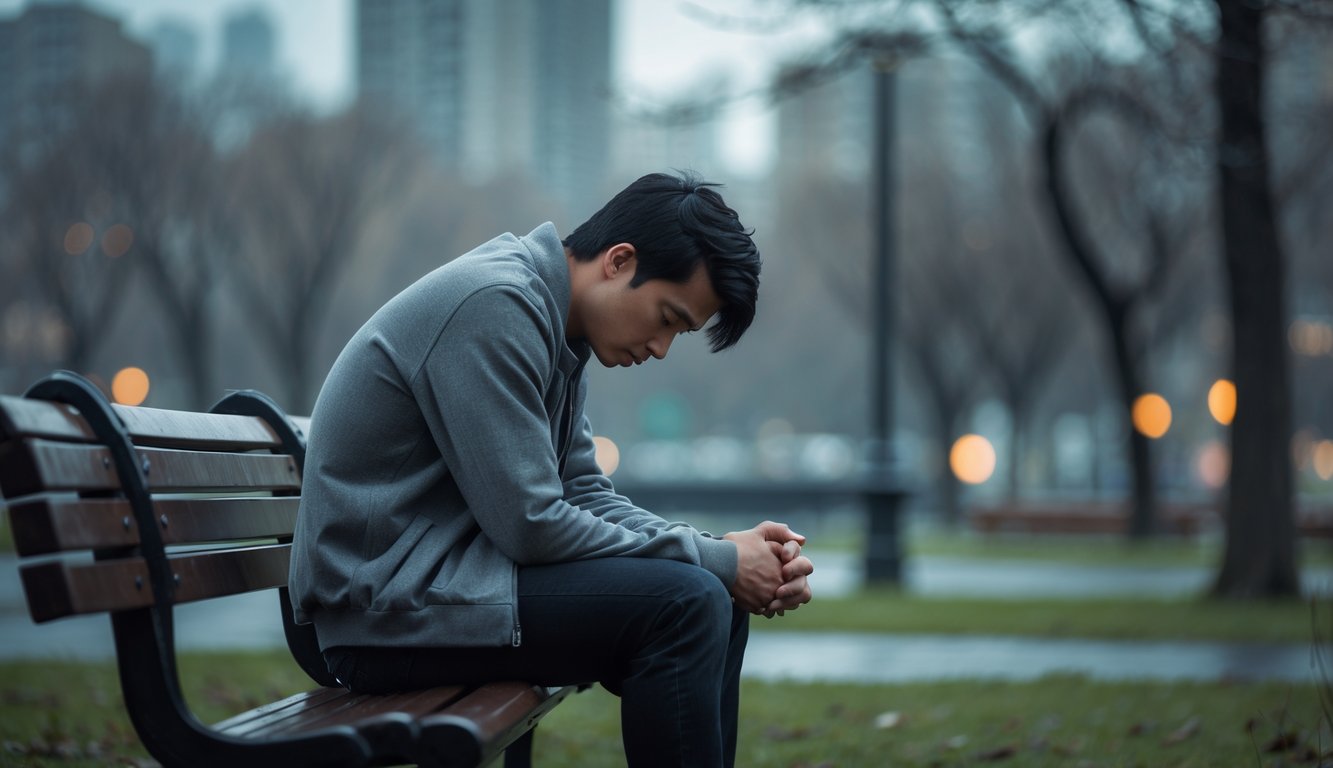 Seorang dewasa muda duduk sendirian di bangku taman kota dengan ekspresi sedih dan cemas.