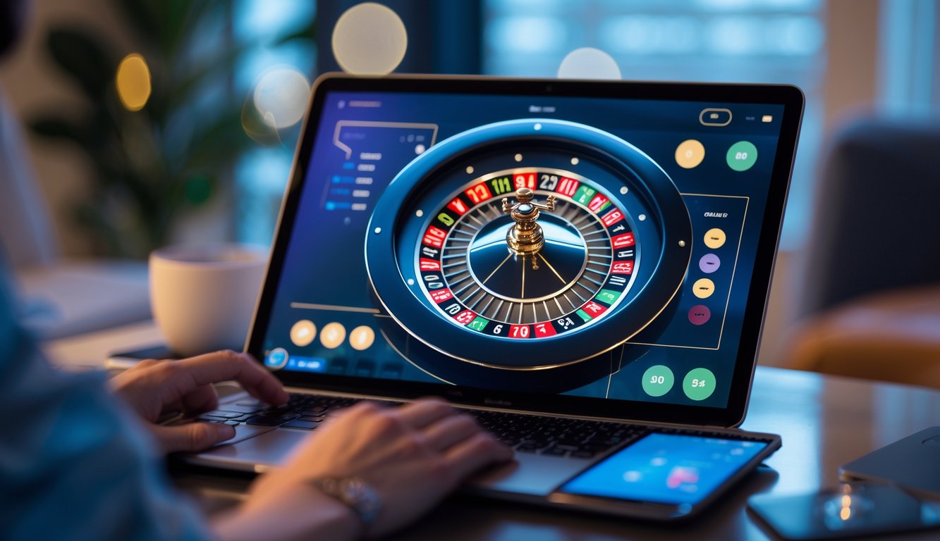 Layar komputer menampilkan permainan roulette online dengan roda roulette digital yang berputar dan bola yang bergerak.
