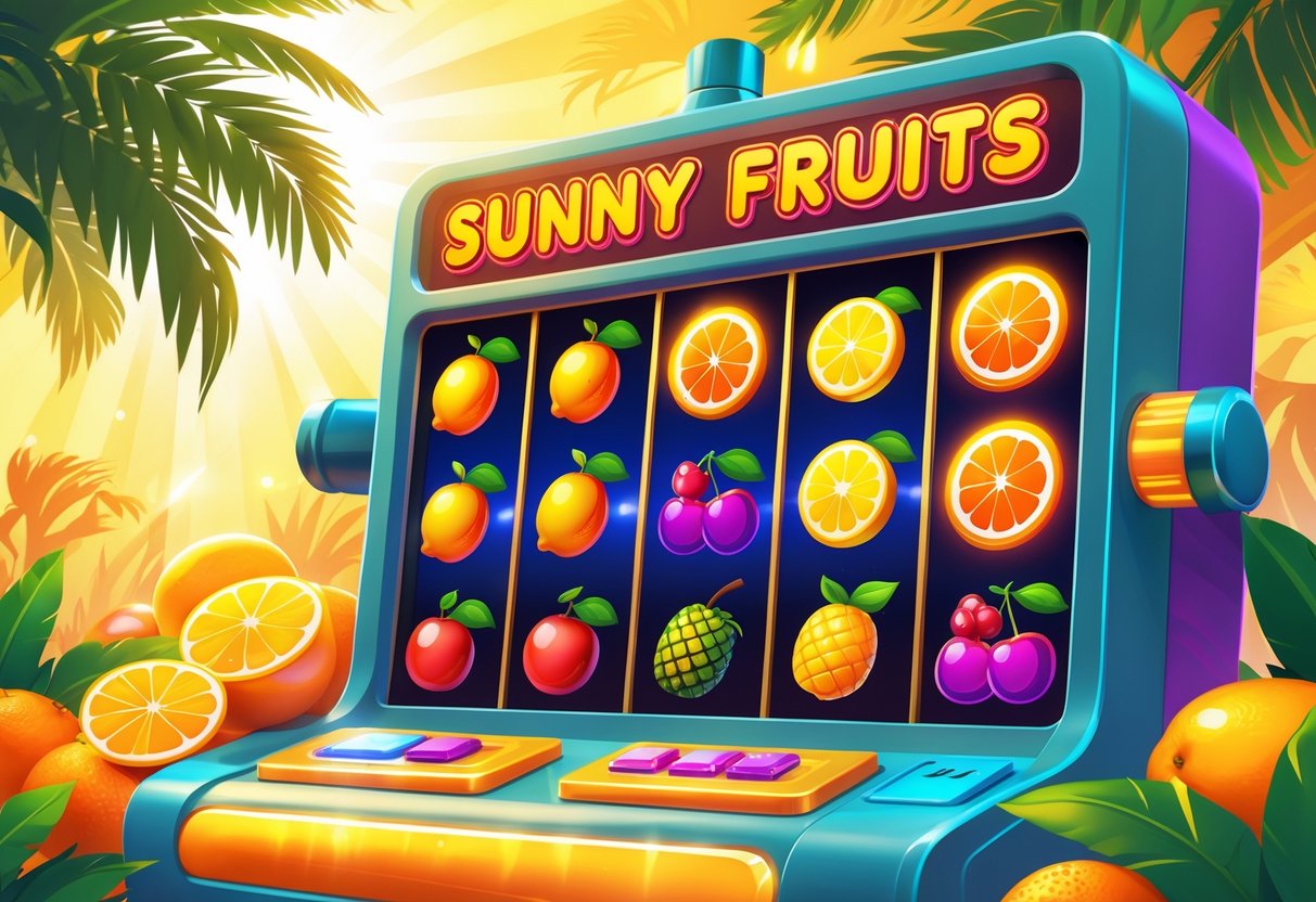 Ilustrasi mesin slot online dengan simbol buah cerah seperti jeruk, lemon, ceri, dan nanas di latar belakang tropis yang cerah dan hangat.