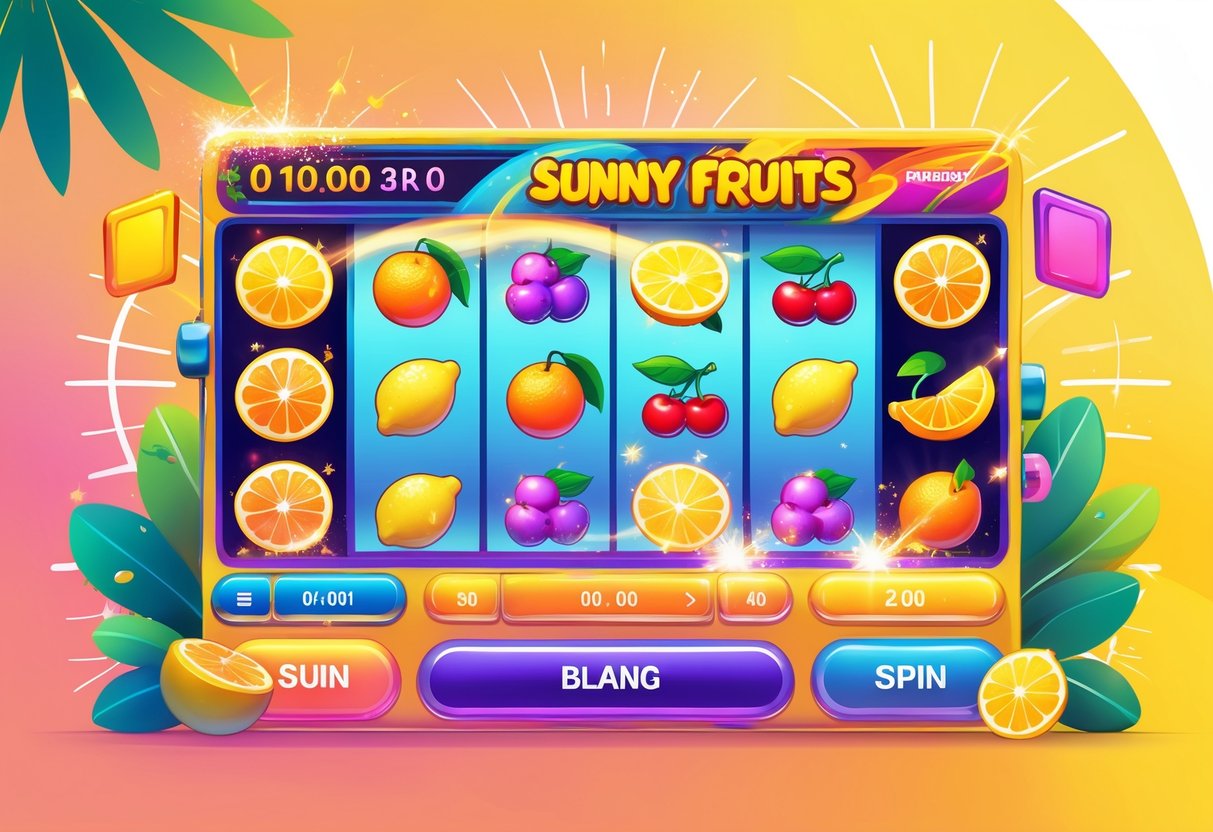 Ilustrasi mesin slot online dengan gulungan buah-buahan cerah dan latar belakang berwarna kuning oranye yang hangat.