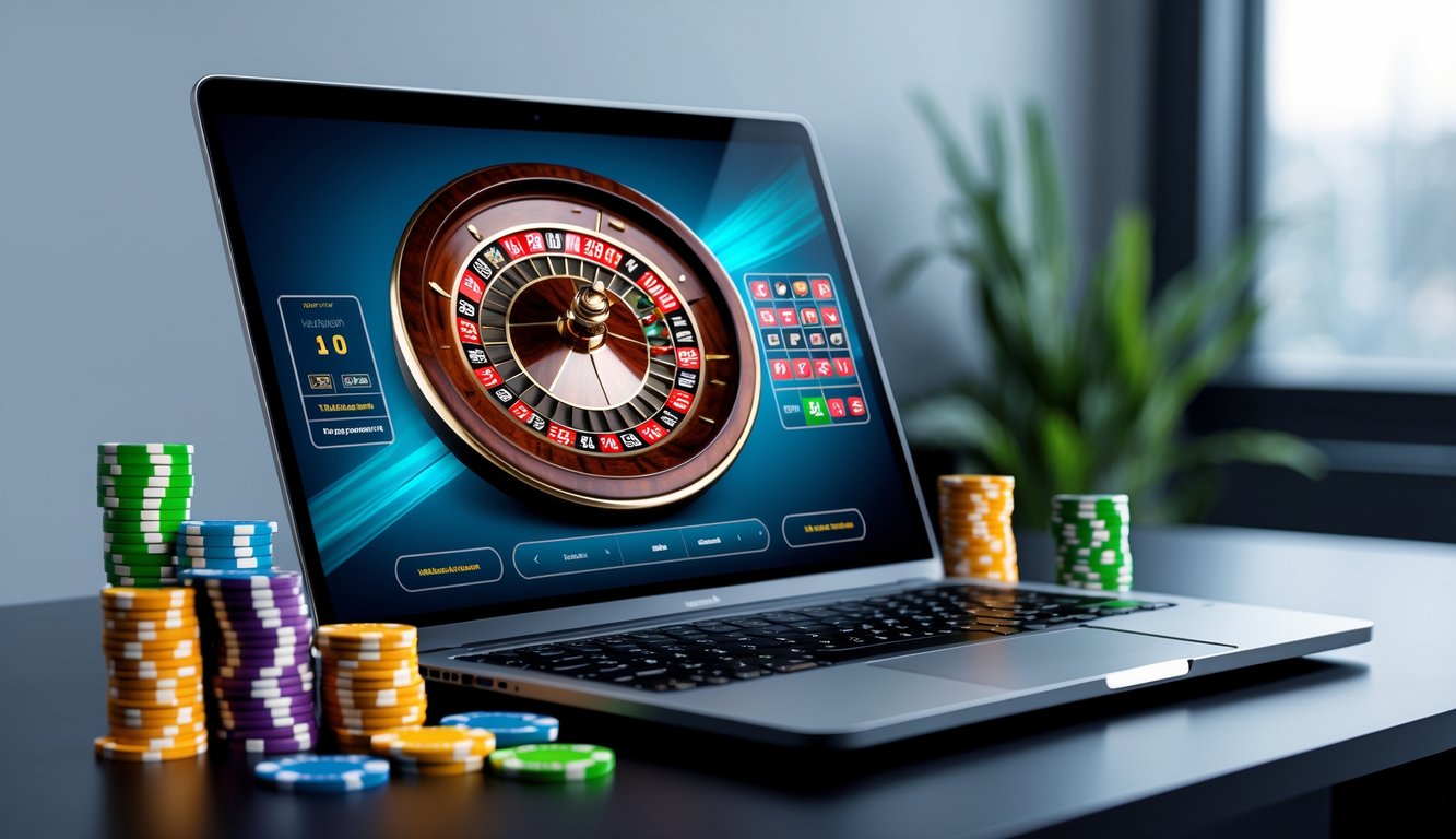 Sebuah komputer menampilkan permainan roulette online dengan roda roulette berwarna merah, hitam, dan hijau serta tumpukan chip di sampingnya.