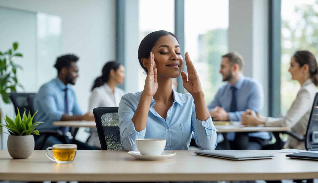 Beberapa pekerja kantor di ruang kerja modern, satu orang sedang beristirahat dengan mata tertutup, sementara rekan-rekan lain berbicara dengan penuh dukungan.