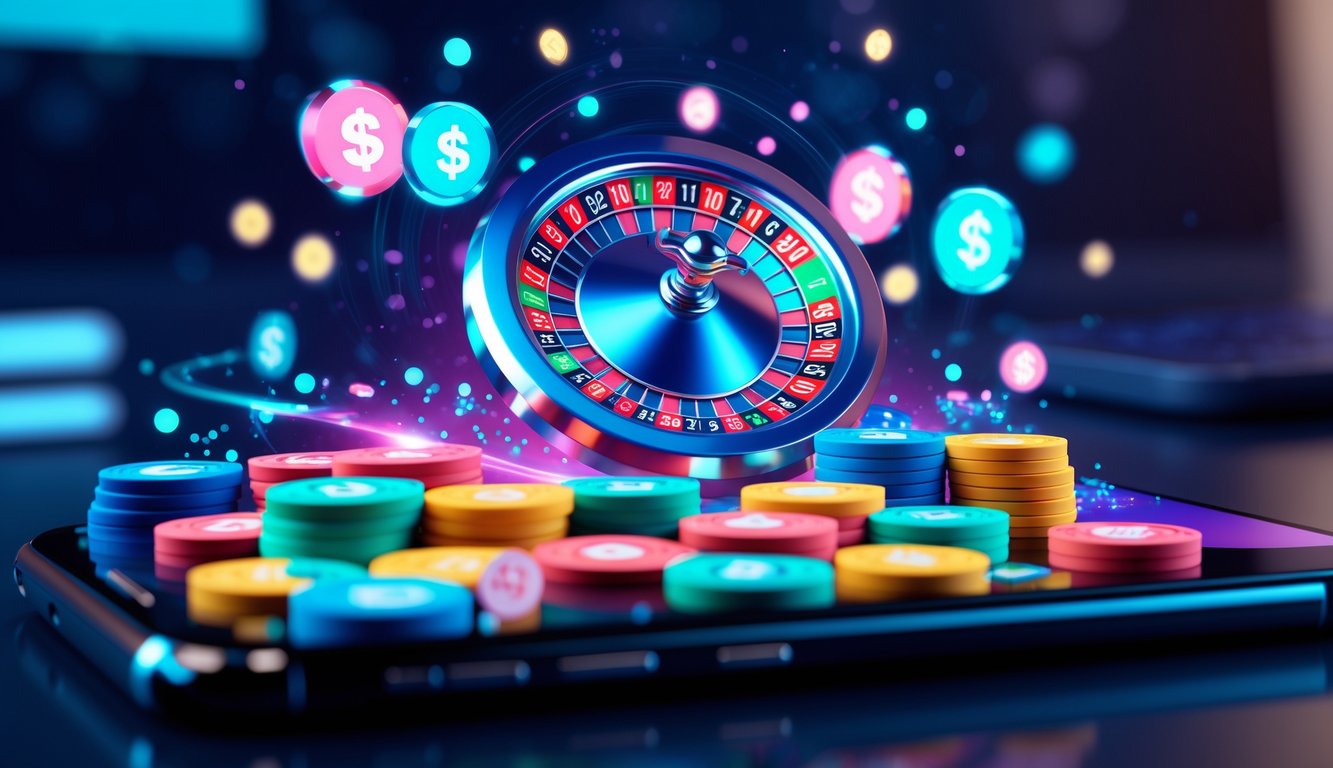Seseorang menggunakan ponsel untuk melakukan deposit pulsa pada permainan roulette online.