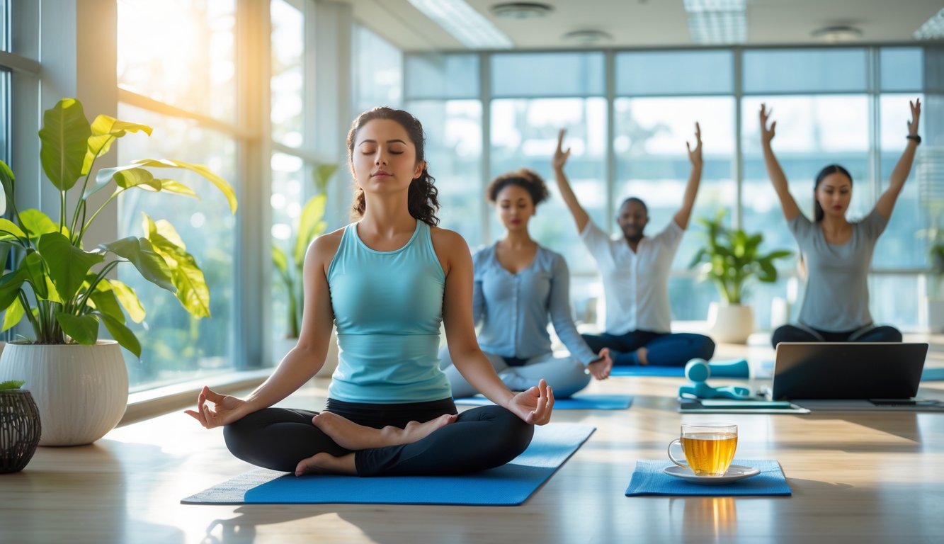 Beberapa orang di kantor modern sedang melakukan teknik mengatasi stres seperti meditasi, latihan pernapasan, dan peregangan.