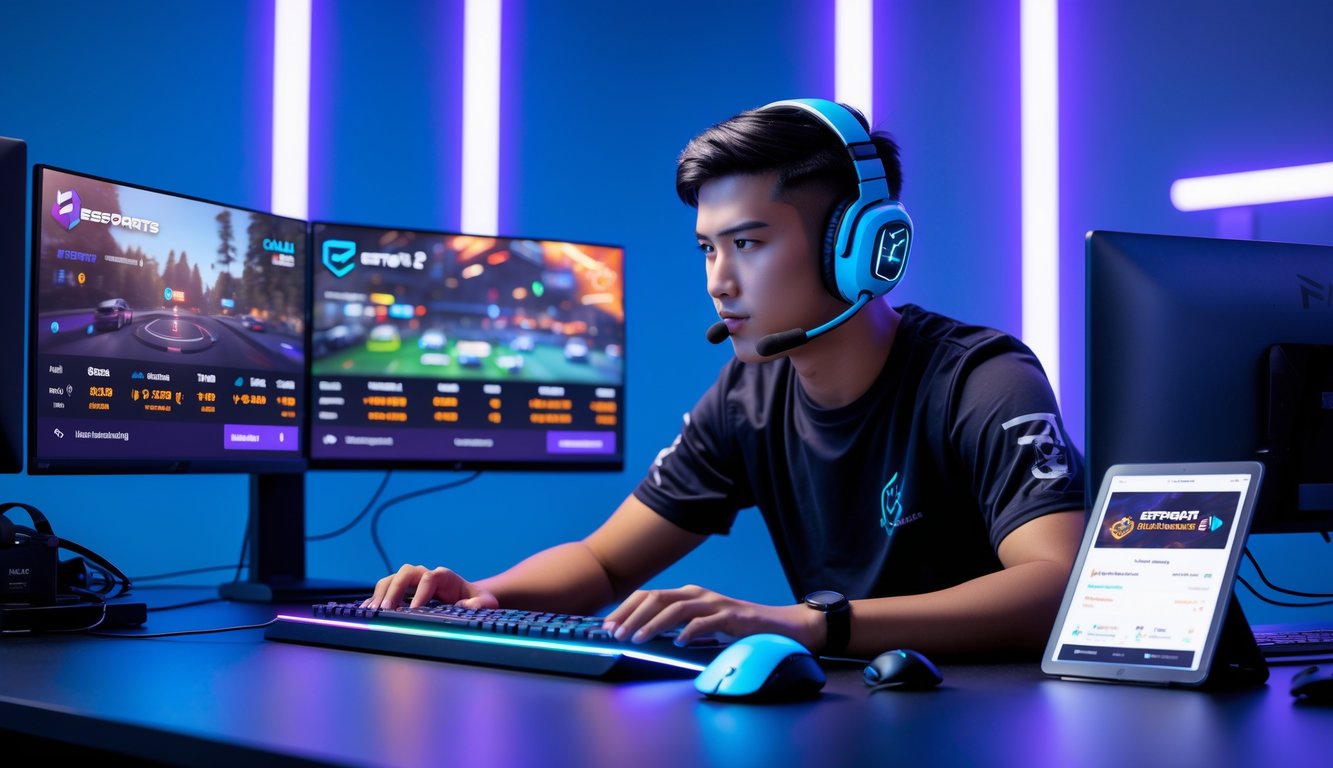 Seorang gamer muda yang fokus bermain di depan beberapa monitor dengan tampilan permainan esports dan aplikasi taruhan, di meja gaming dengan pencahayaan neon biru dan ungu.