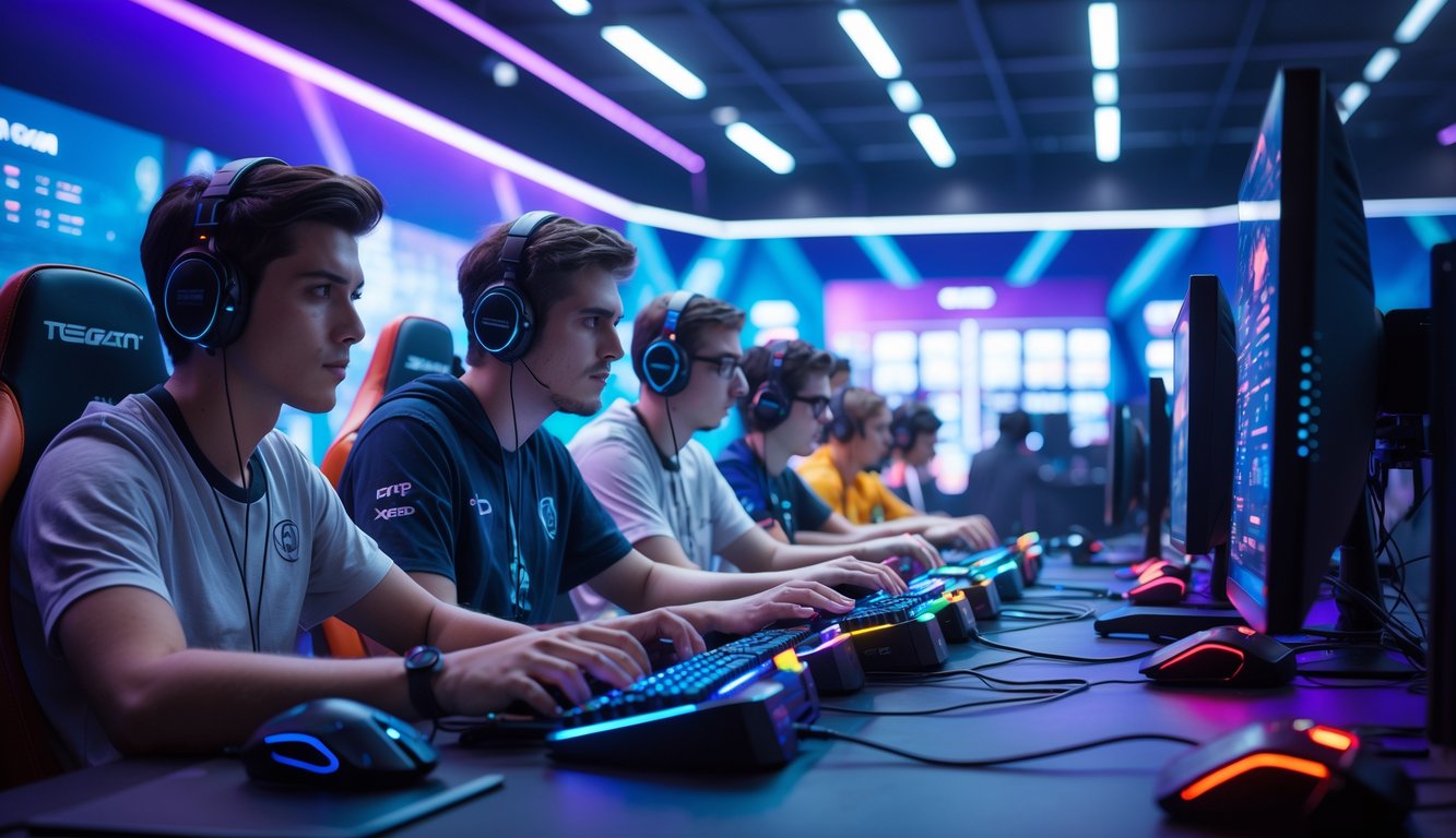 Sekelompok orang muda bermain esports dengan peralatan gaming canggih di arena gaming modern yang terang dan penuh semangat.