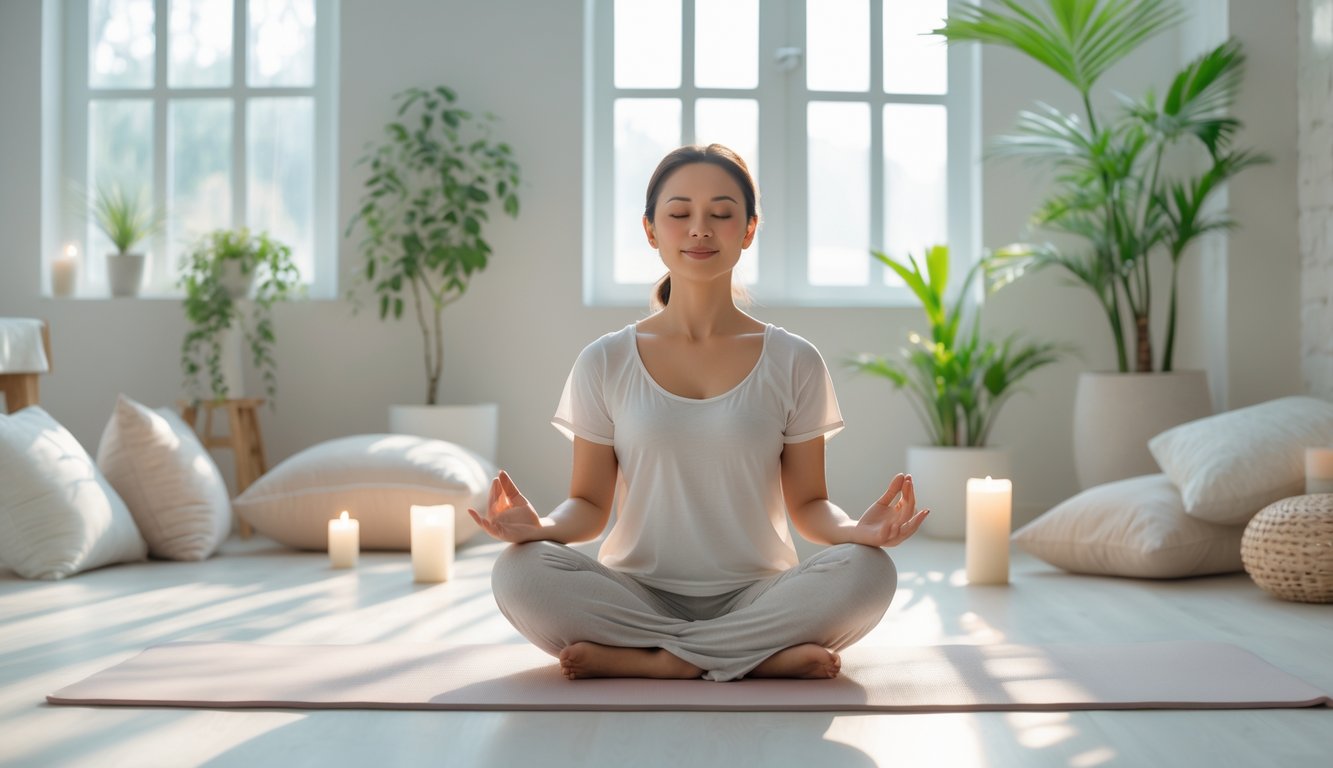 Seseorang duduk bersila dengan mata tertutup dalam ruangan terang, bermeditasi dengan tenang di atas matras yoga, dikelilingi tanaman dan lilin.