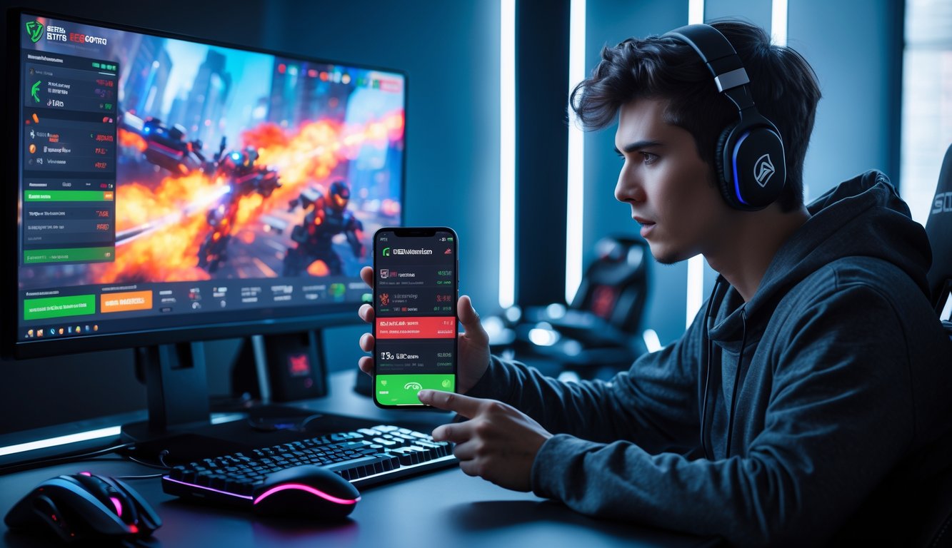 Seorang dewasa muda sedang duduk di depan komputer dengan layar menampilkan permainan esports, sambil menggunakan ponsel untuk taruhan online esports.