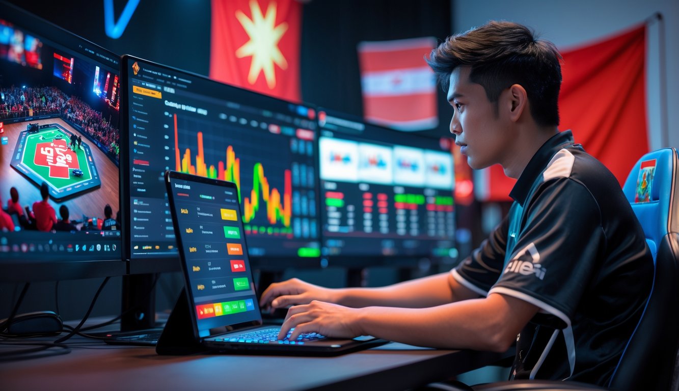 Seorang pria muda Indonesia sedang menggunakan perangkat digital untuk taruhan esports di depan beberapa monitor dengan permainan esports yang sedang berjalan.