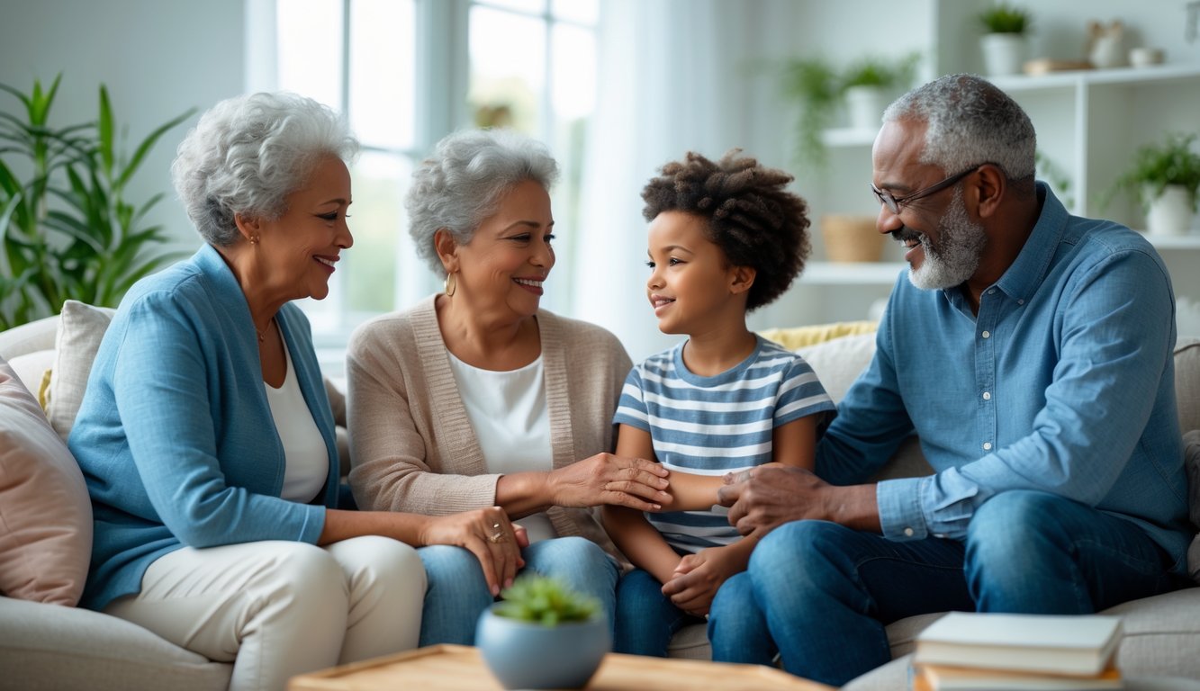Keluarga tiga generasi duduk bersama di ruang tamu yang nyaman, saling memberikan dukungan dan perhatian satu sama lain.