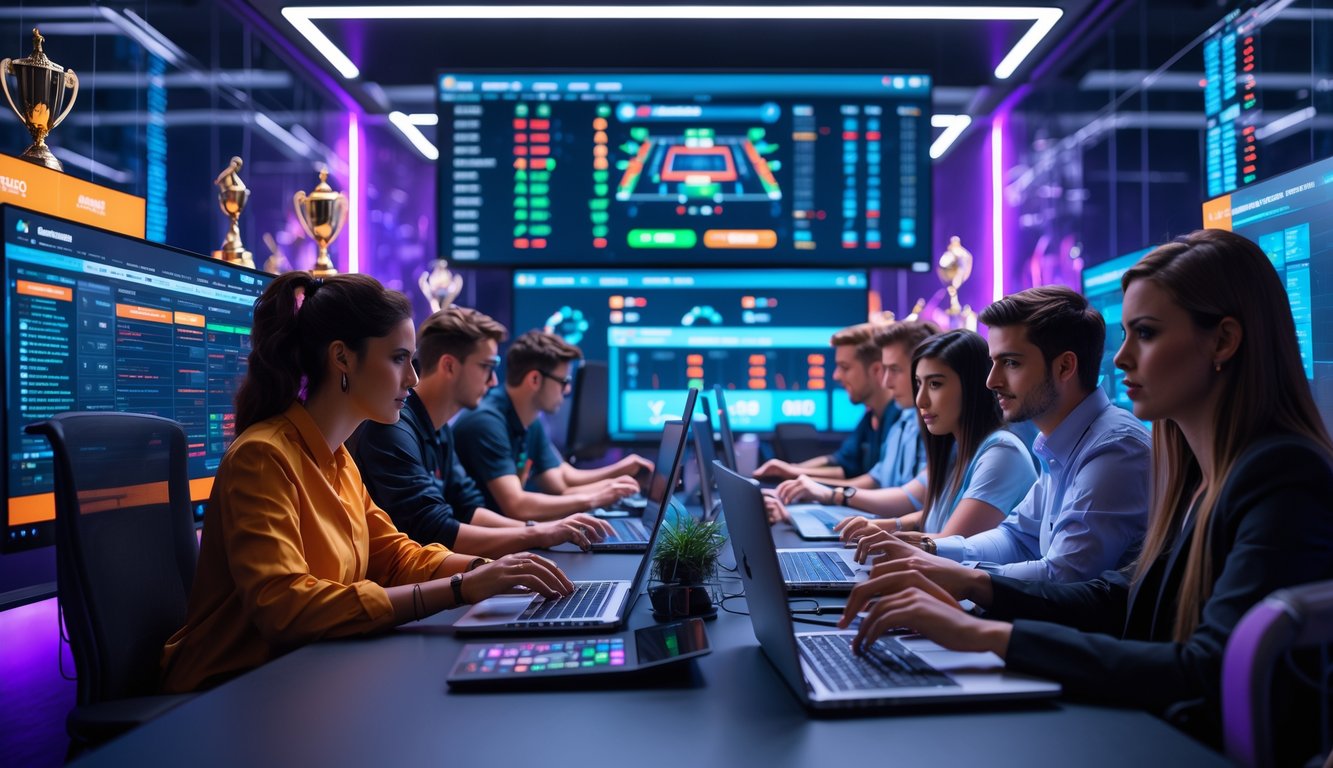 Beberapa orang muda menggunakan komputer dan ponsel di kantor yang modern dengan layar besar menampilkan pertandingan esports.