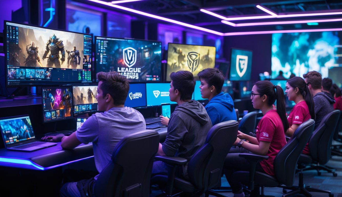 Sekelompok orang muda menggunakan komputer dan ponsel di ruang bermain game dengan layar yang menampilkan pertandingan esports.