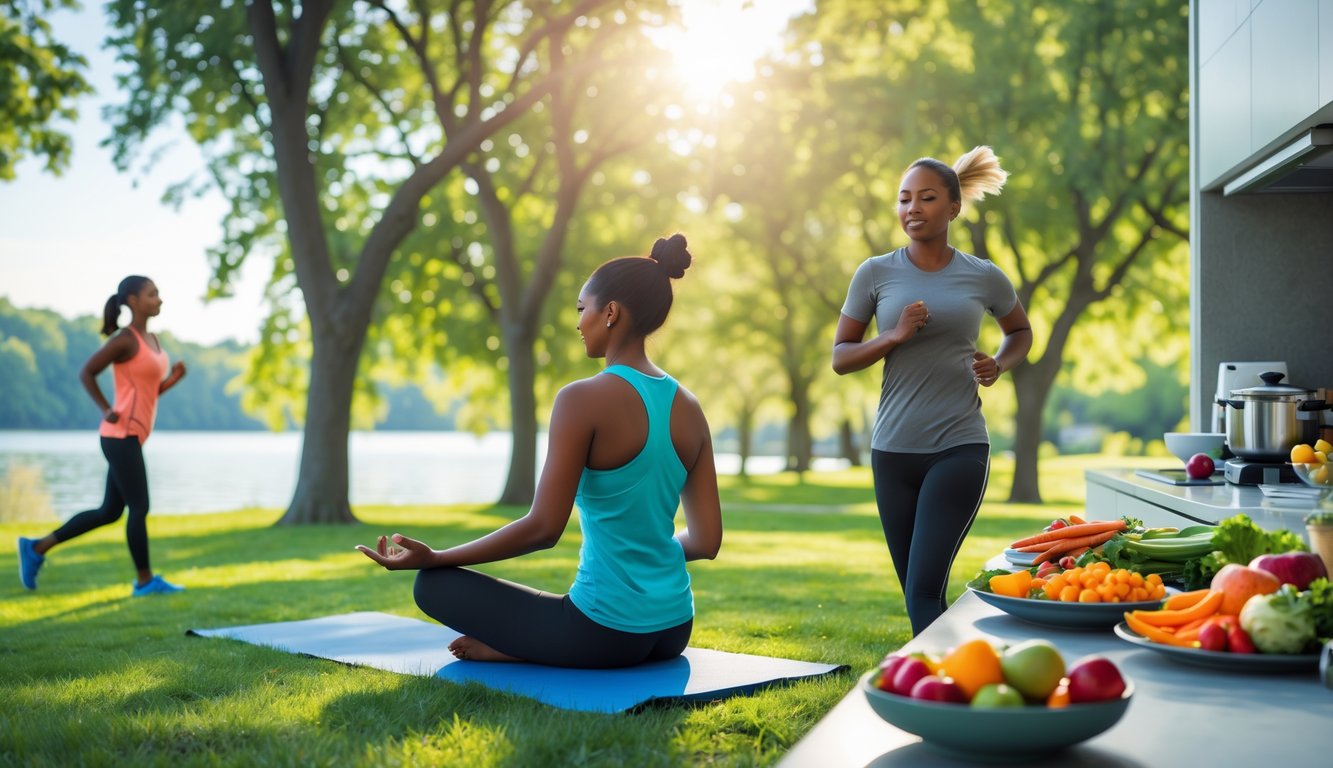 Orang-orang melakukan aktivitas sehat seperti meditasi, berlari, dan memasak makanan bergizi di taman yang cerah dan hijau.