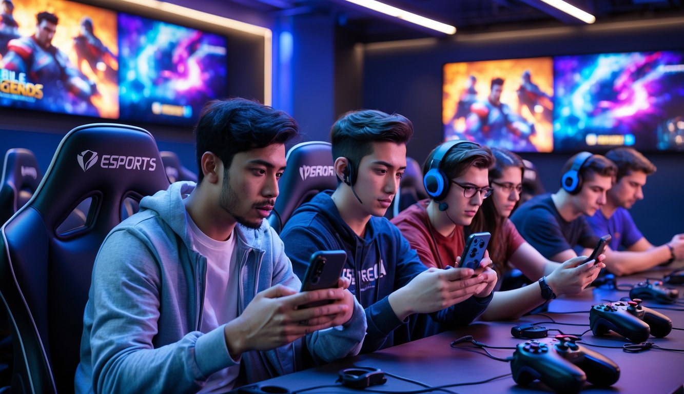 Sekelompok orang muda bermain Mobile Legends di ruang esports dengan pencahayaan biru dan ungu.
