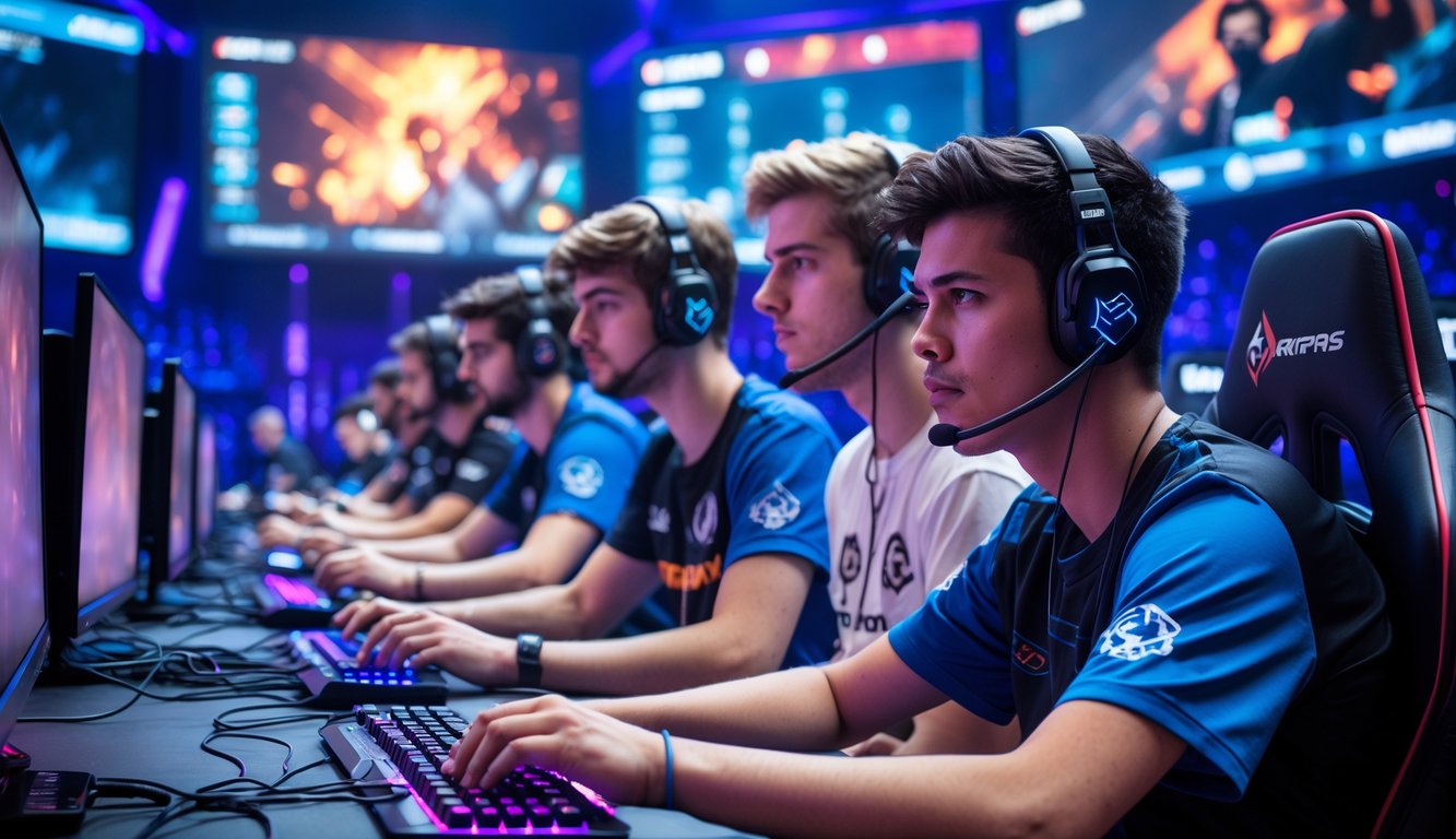 Sekelompok pemain muda sedang fokus bermain Dota 2 dalam turnamen esports dengan latar belakang layar besar yang menampilkan permainan.